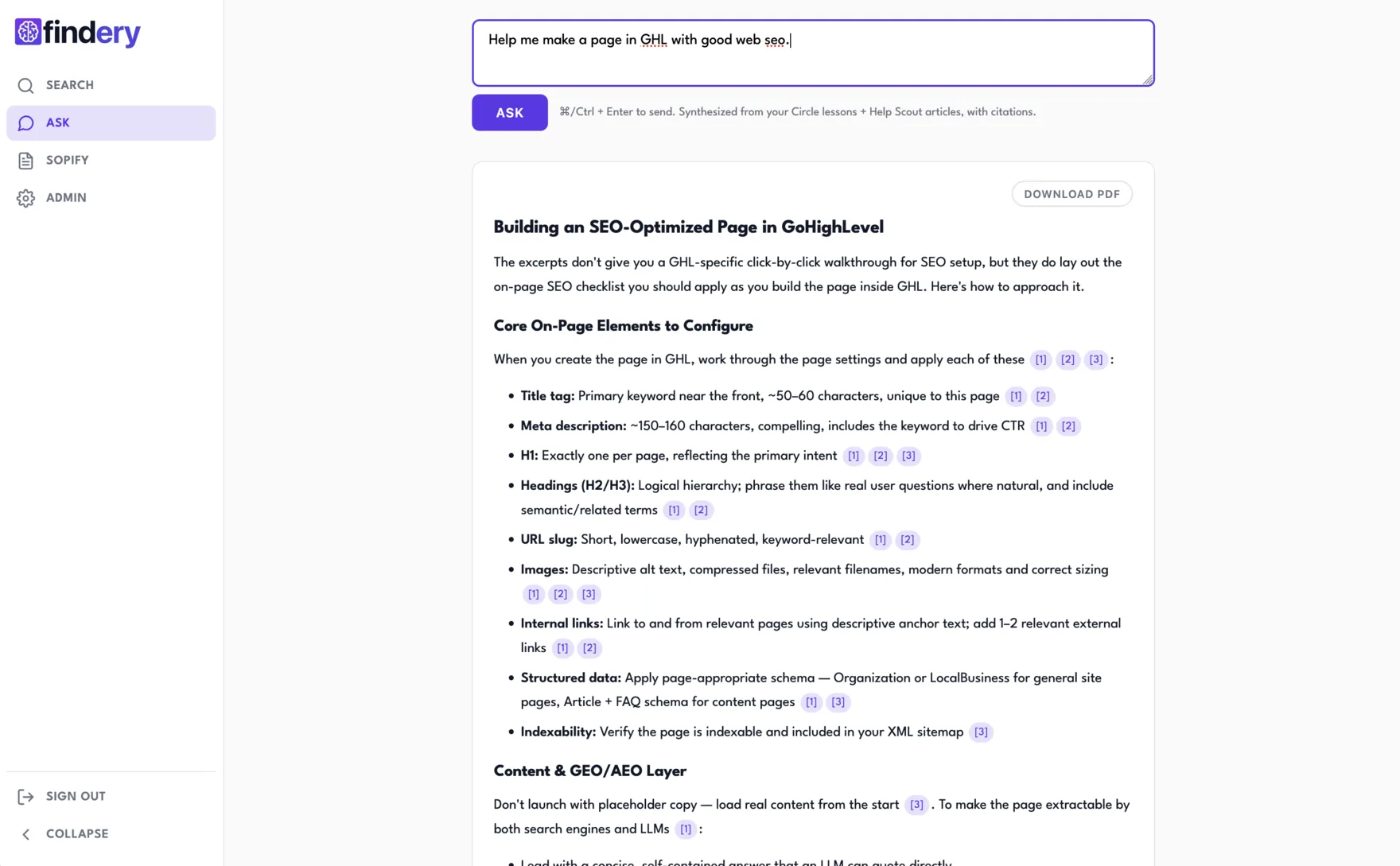 Findery Ask answering a question with citations