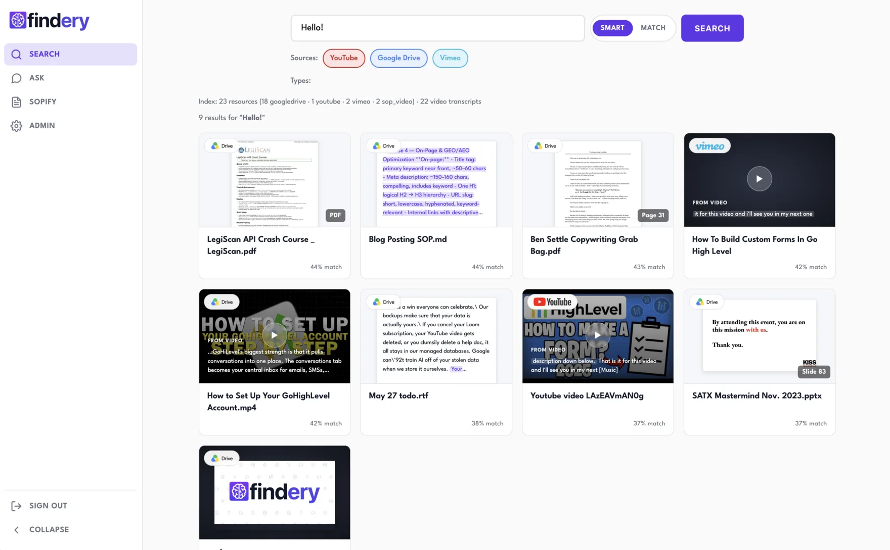 Findery search results page